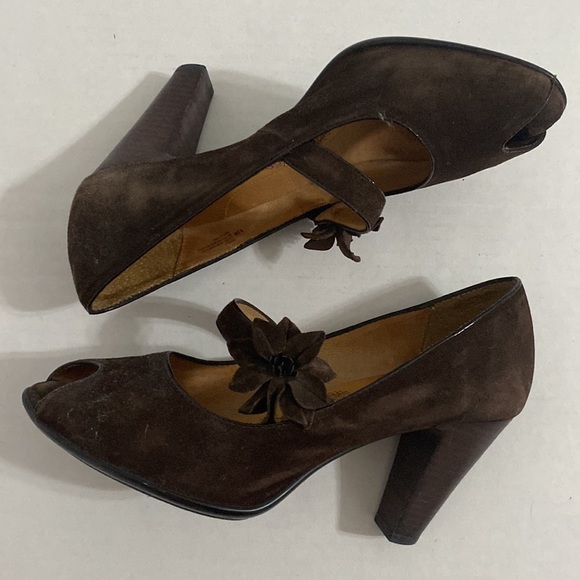Söfft Geva Brown Suede and Leather Peep Toe High Heels 9.5 - Picture 8 of 13